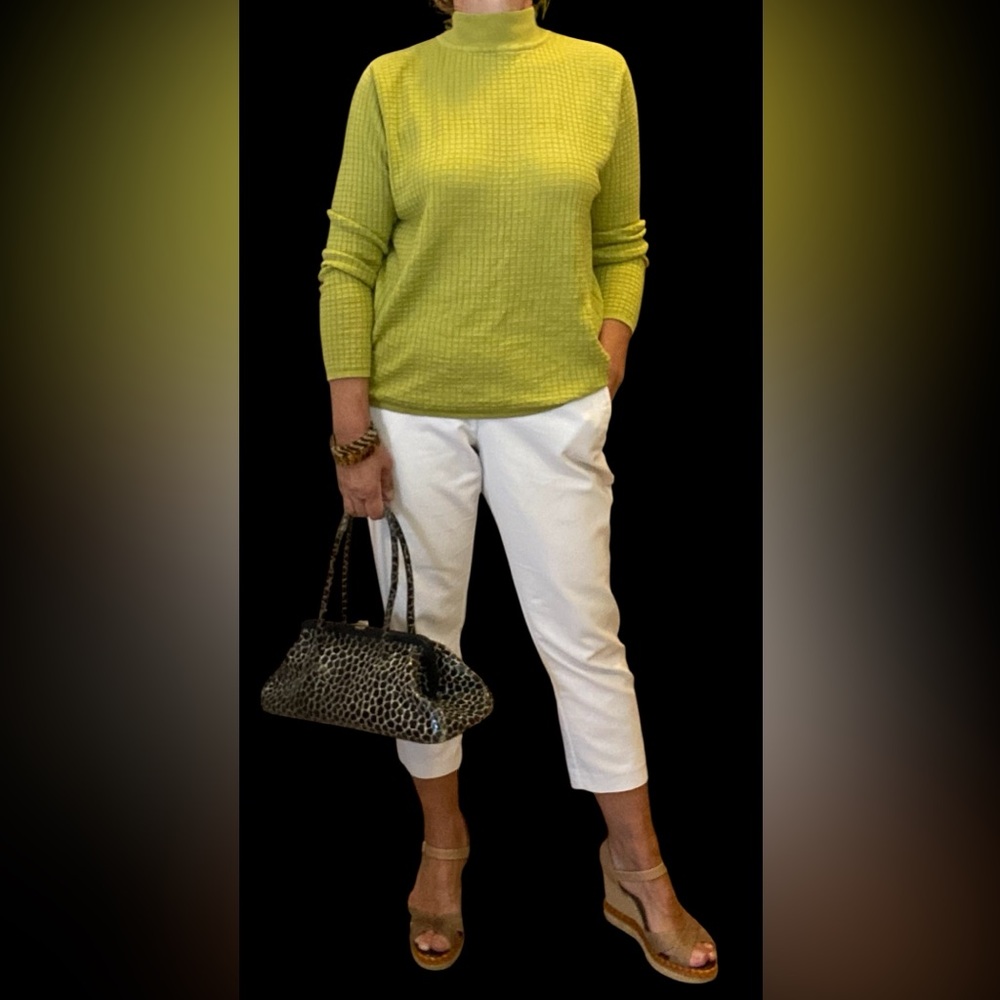Nygard silk cotton blend chartreuse green mock neck knit top size L classic